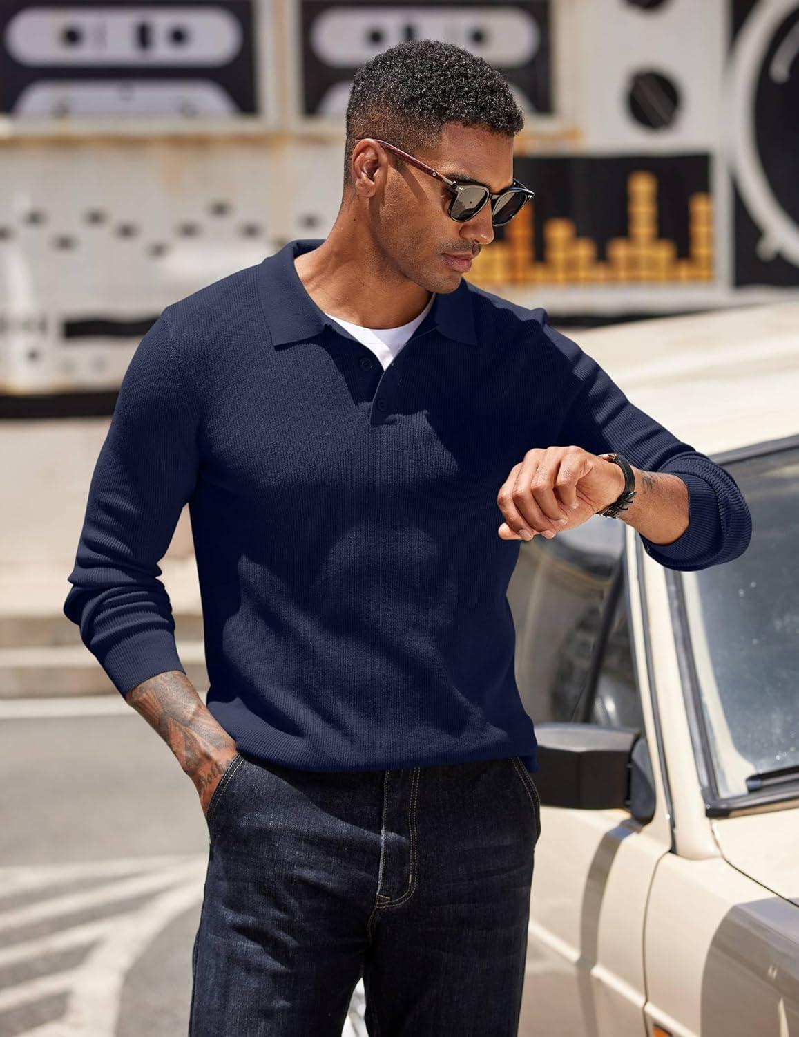 imageCOOFANDY Mens Knit Polo Sweater Long Sleeve Polo Sweaters Casual Knitted Button Collar Pullover SweaterNavy Blue