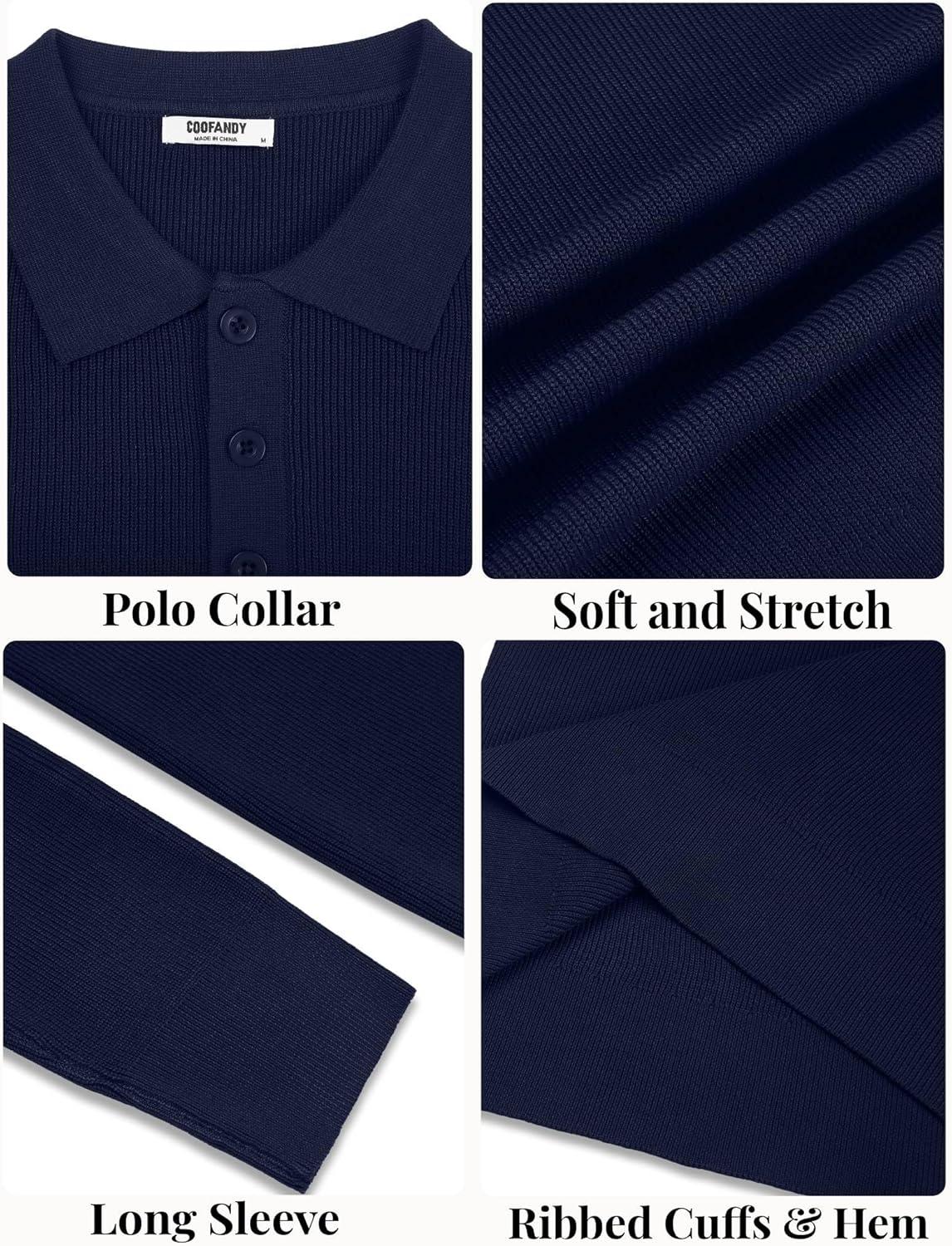 imageCOOFANDY Mens Knit Polo Sweater Long Sleeve Polo Sweaters Casual Knitted Button Collar Pullover SweaterNavy Blue