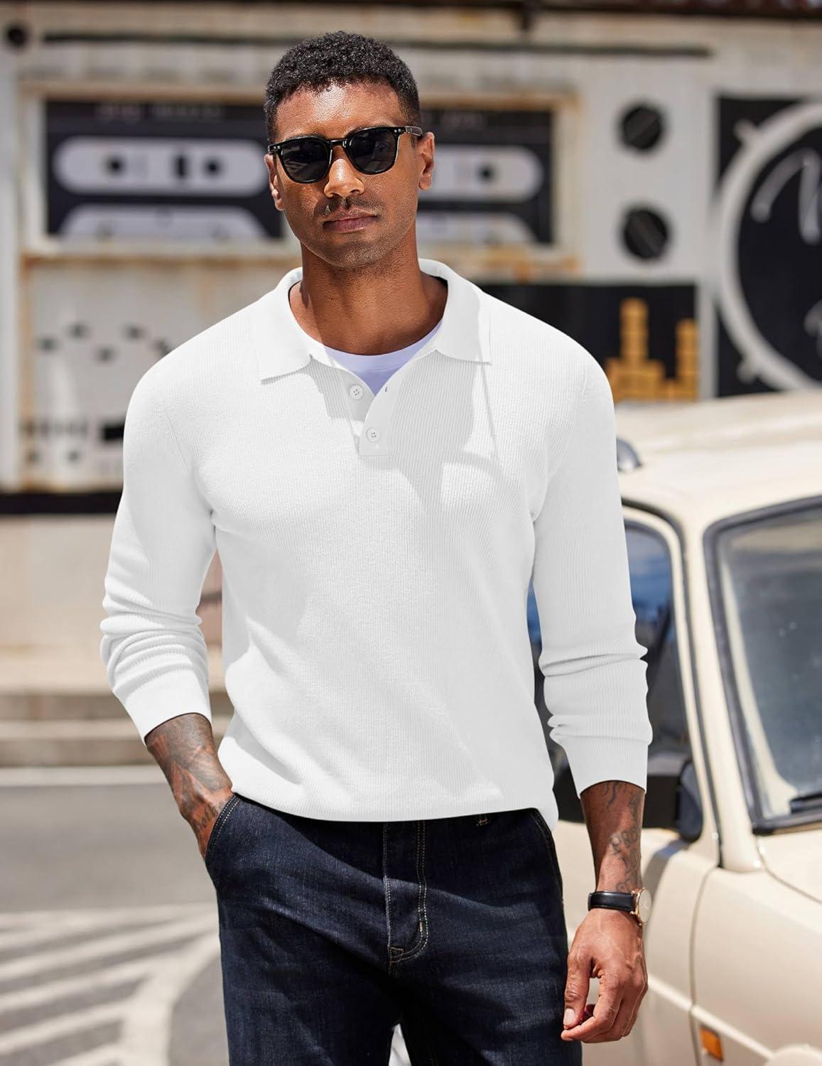 imageCOOFANDY Mens Knit Polo Sweater Long Sleeve Polo Sweaters Casual Knitted Button Collar Pullover SweaterWhite