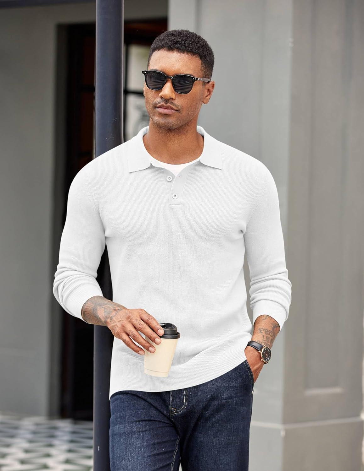 imageCOOFANDY Mens Knit Polo Sweater Long Sleeve Polo Sweaters Casual Knitted Button Collar Pullover SweaterWhite