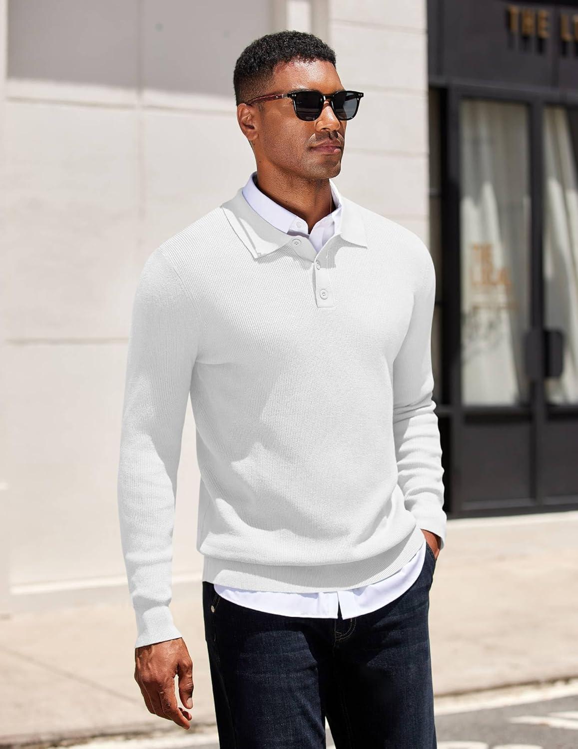imageCOOFANDY Mens Knit Polo Sweater Long Sleeve Polo Sweaters Casual Knitted Button Collar Pullover SweaterWhite
