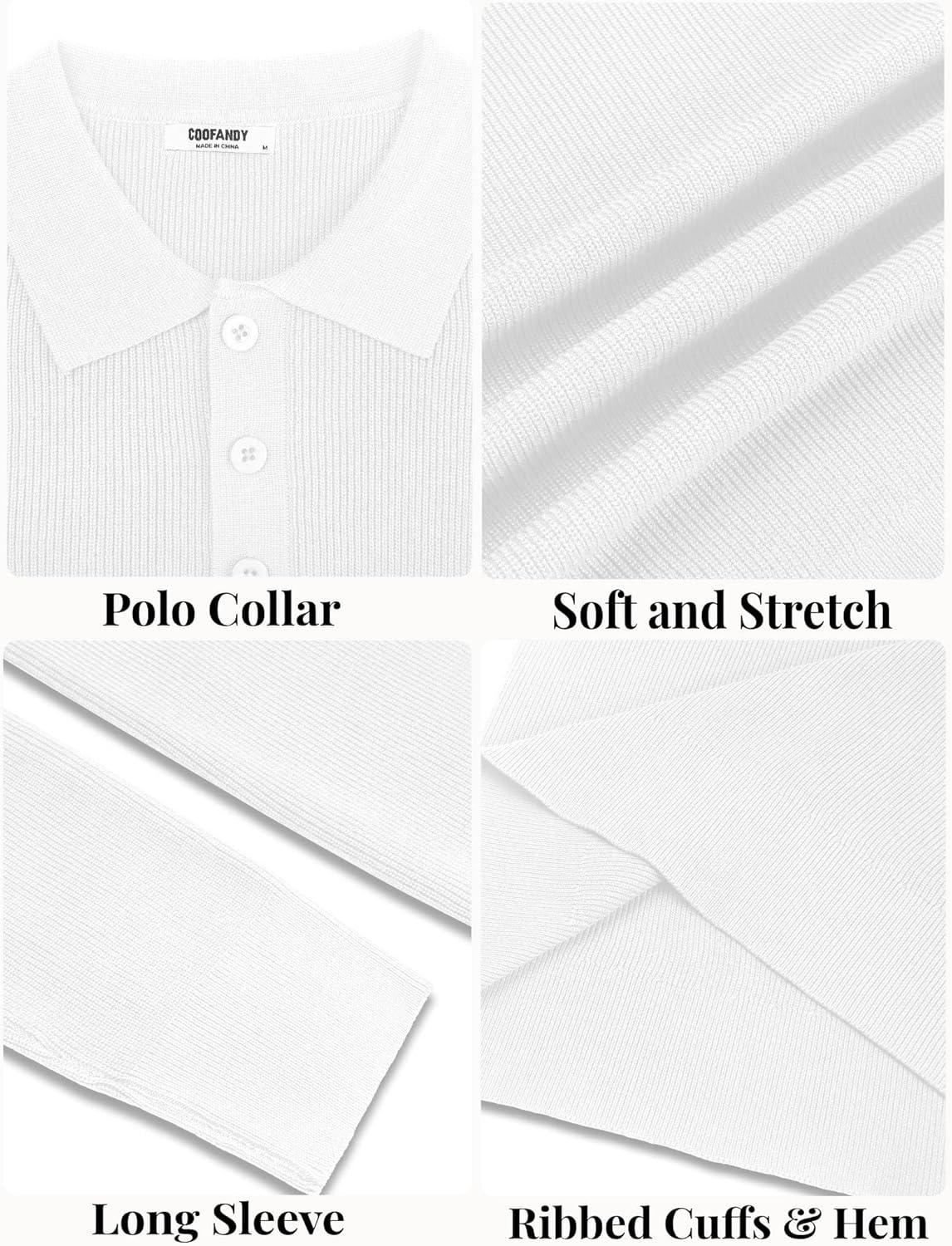 imageCOOFANDY Mens Knit Polo Sweater Long Sleeve Polo Sweaters Casual Knitted Button Collar Pullover SweaterWhite