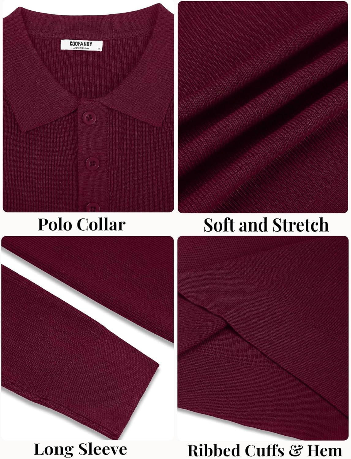 imageCOOFANDY Mens Knit Polo Sweater Long Sleeve Polo Sweaters Casual Knitted Button Collar Pullover SweaterWine Red