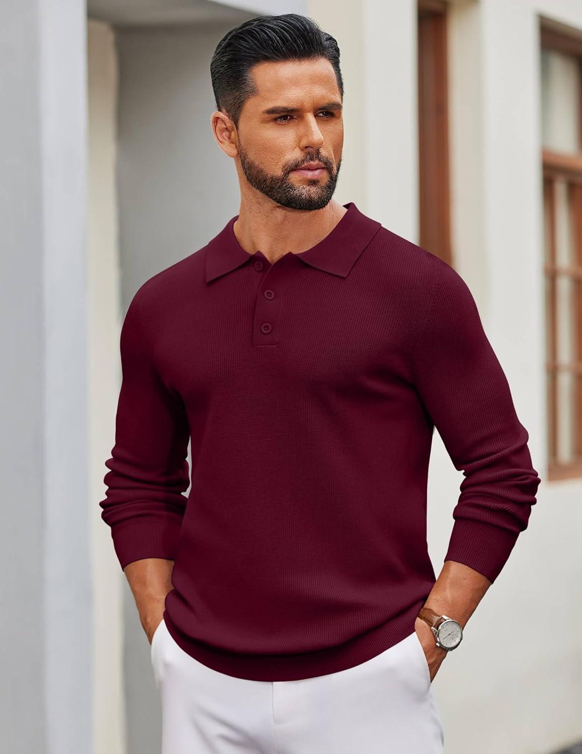 imageCOOFANDY Mens Knit Polo Sweater Long Sleeve Polo Sweaters Casual Knitted Button Collar Pullover SweaterWine Red