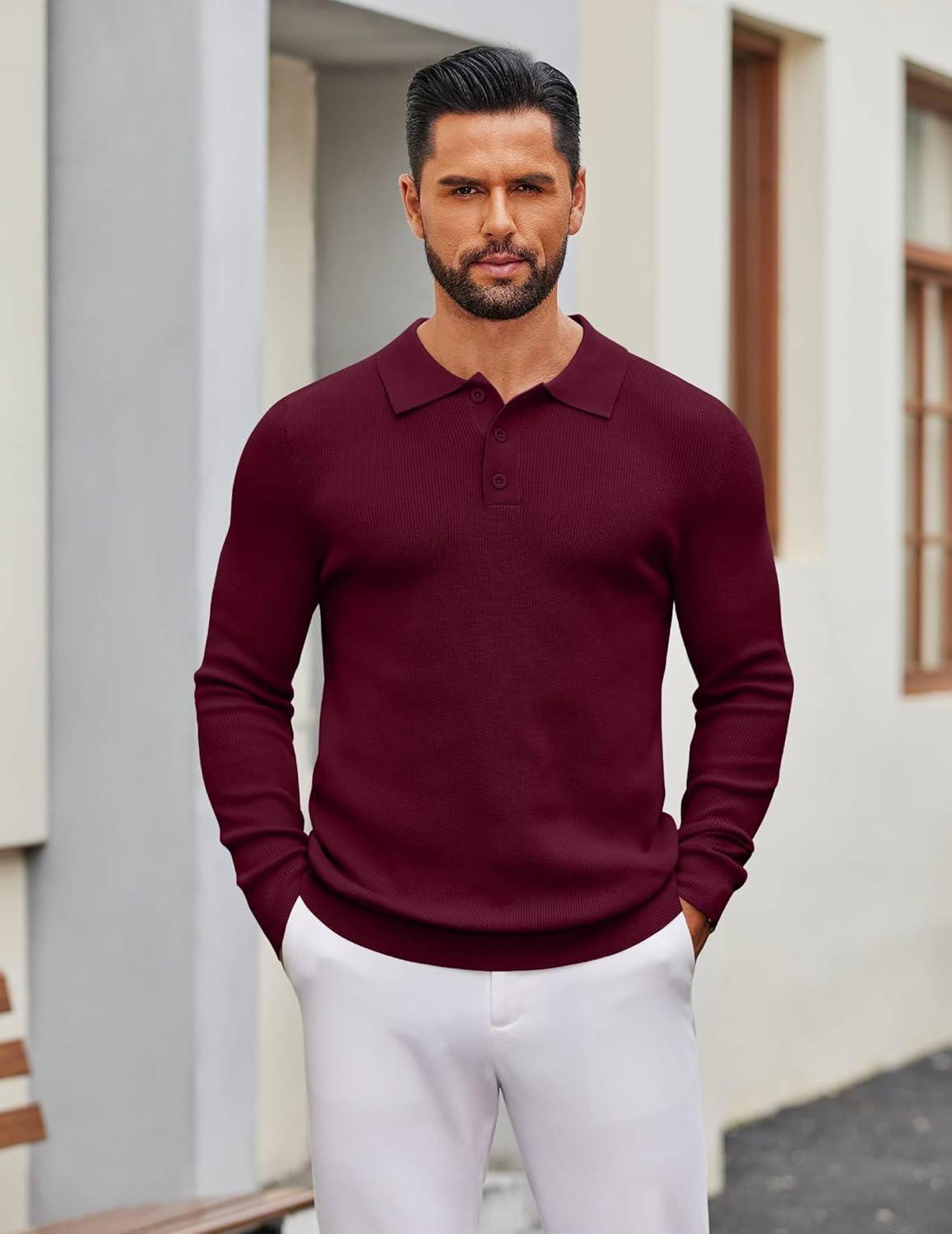imageCOOFANDY Mens Knit Polo Sweater Long Sleeve Polo Sweaters Casual Knitted Button Collar Pullover SweaterWine Red