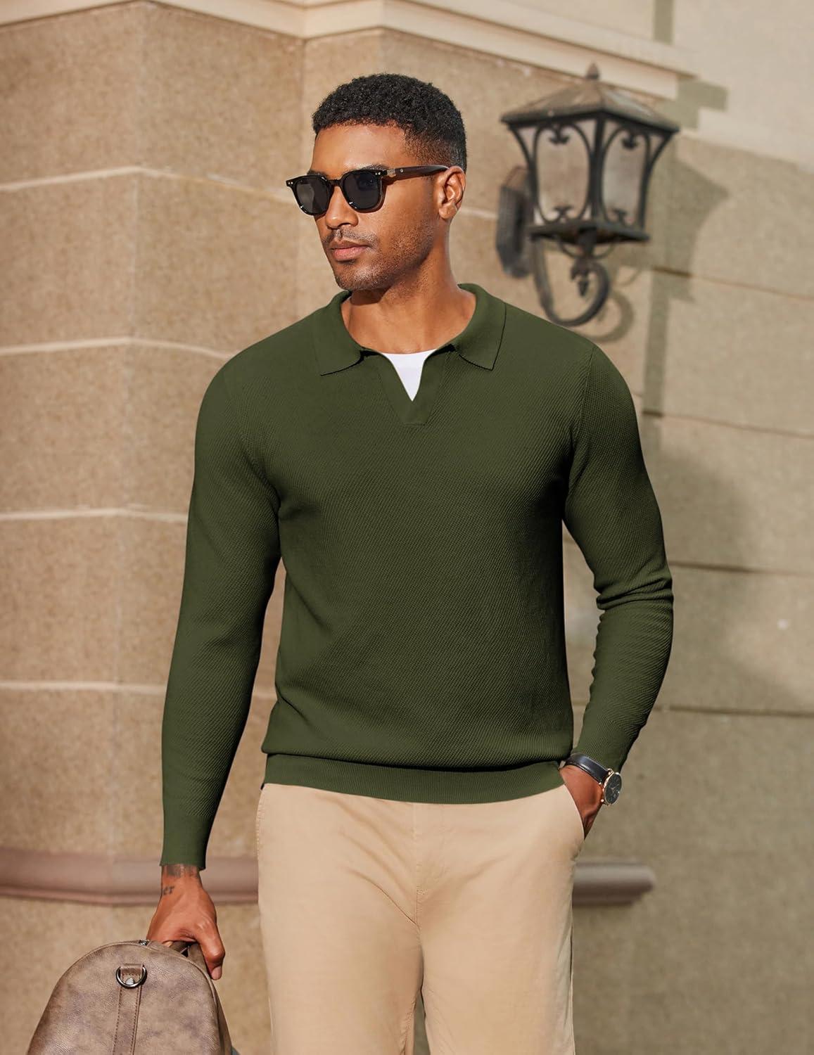 imageCOOFANDY Mens Knit Polo Sweater Long Sleeve VNeck Pullover Sweaters Casual Collared Ribbed Knitted PolosArmy Green