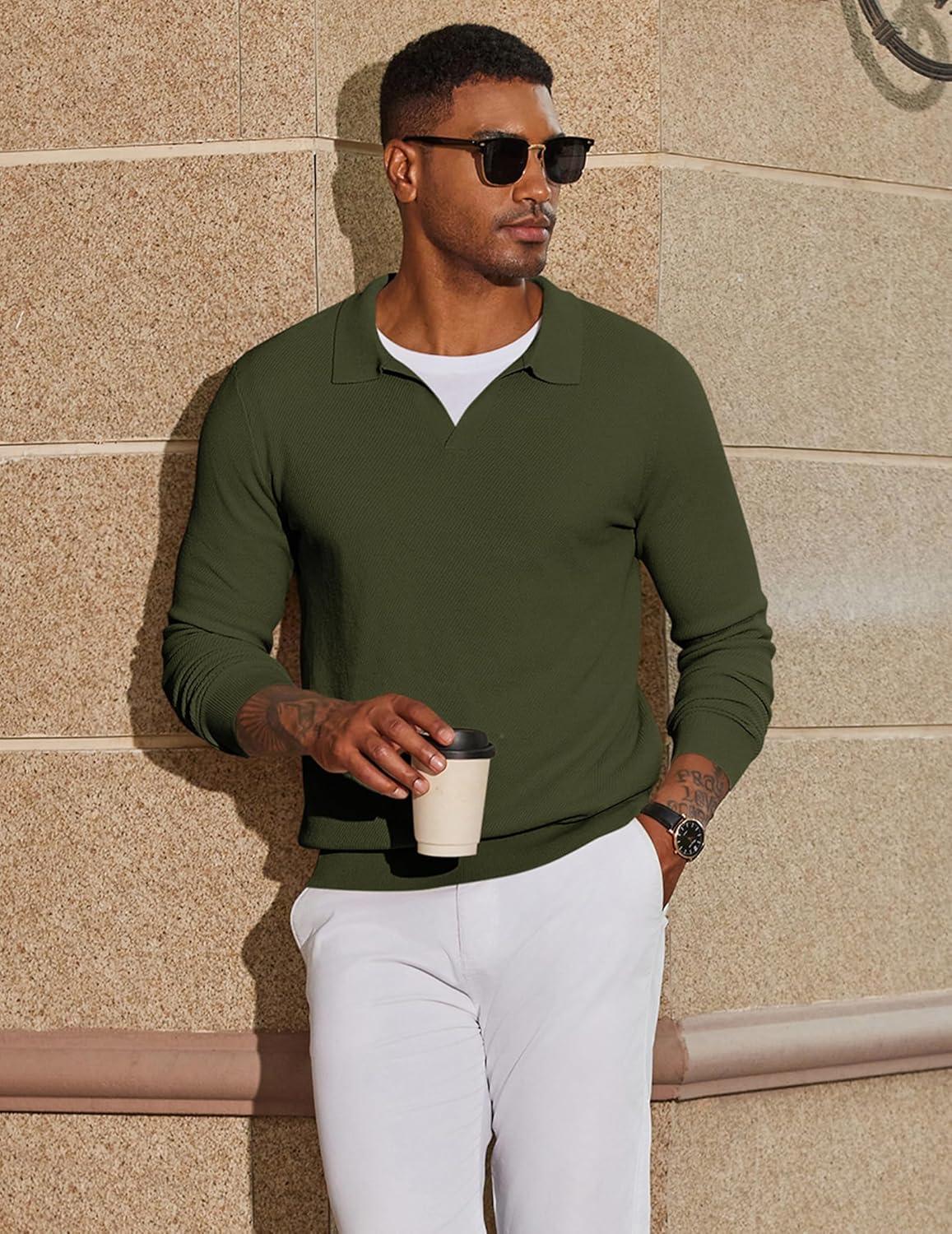 imageCOOFANDY Mens Knit Polo Sweater Long Sleeve VNeck Pullover Sweaters Casual Collared Ribbed Knitted PolosArmy Green
