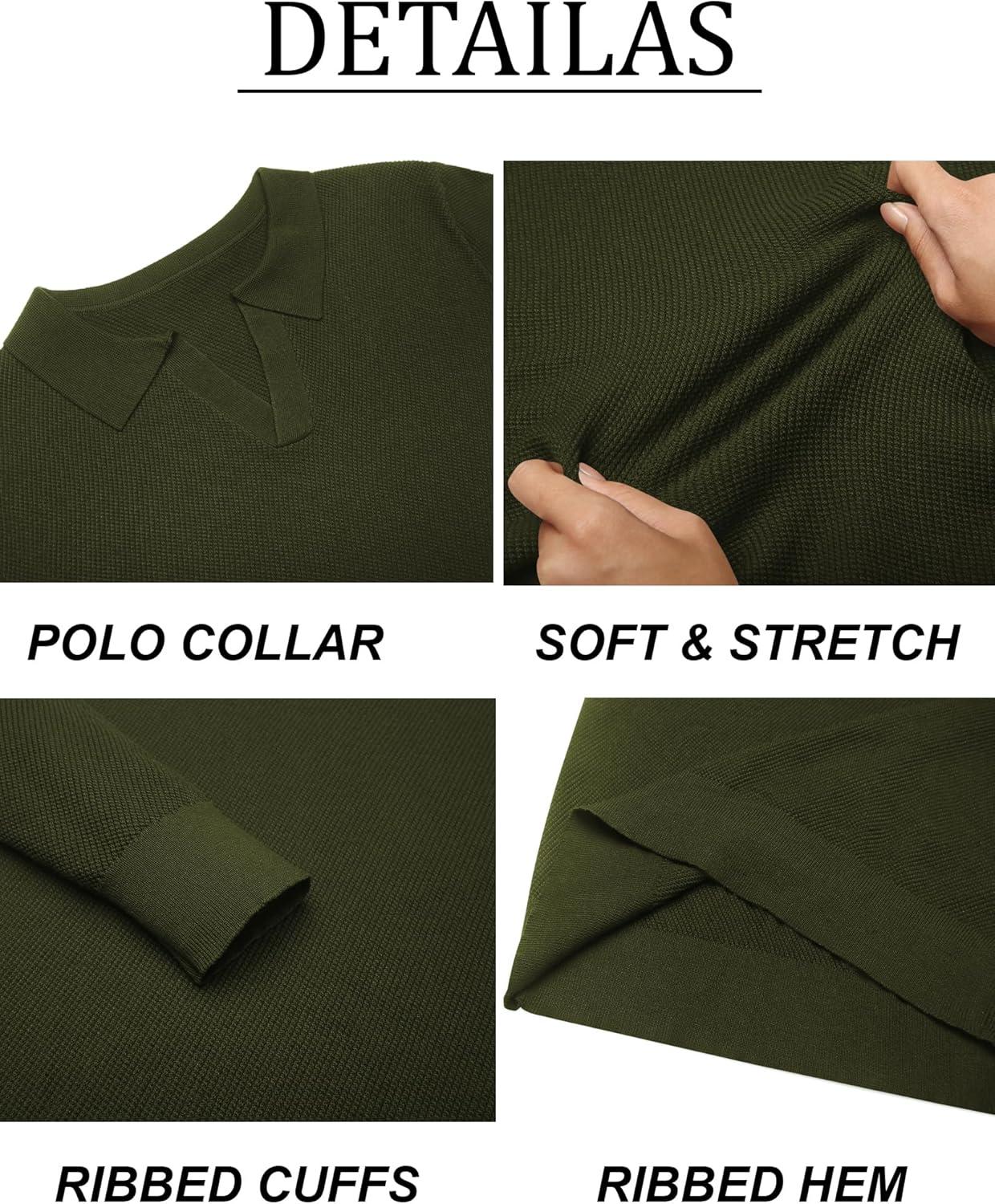 imageCOOFANDY Mens Knit Polo Sweater Long Sleeve VNeck Pullover Sweaters Casual Collared Ribbed Knitted PolosArmy Green