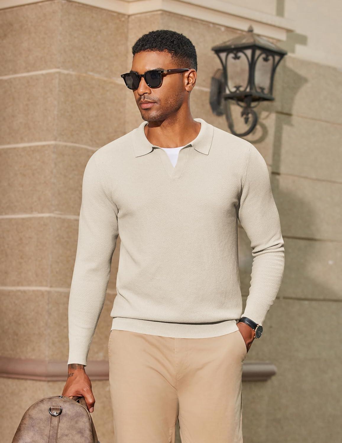 imageCOOFANDY Mens Knit Polo Sweater Long Sleeve VNeck Pullover Sweaters Casual Collared Ribbed Knitted PolosBeige