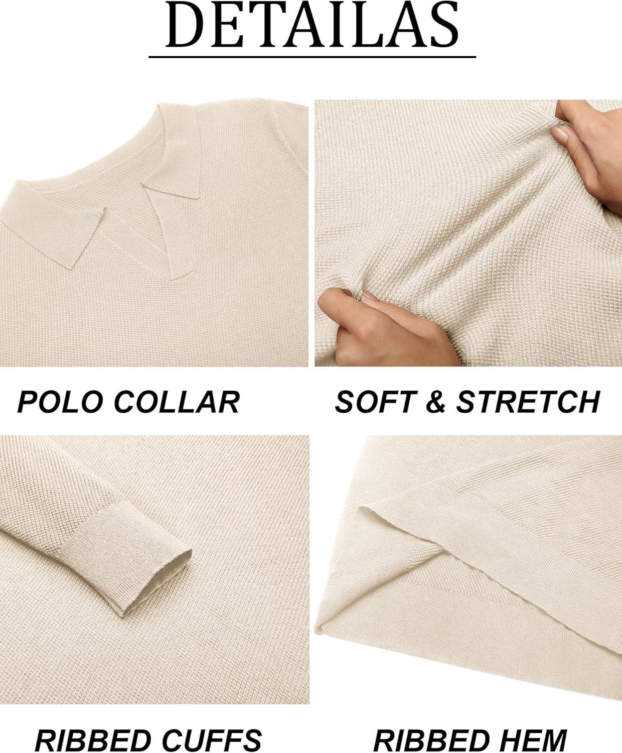imageCOOFANDY Mens Knit Polo Sweater Long Sleeve VNeck Pullover Sweaters Casual Collared Ribbed Knitted PolosBeige