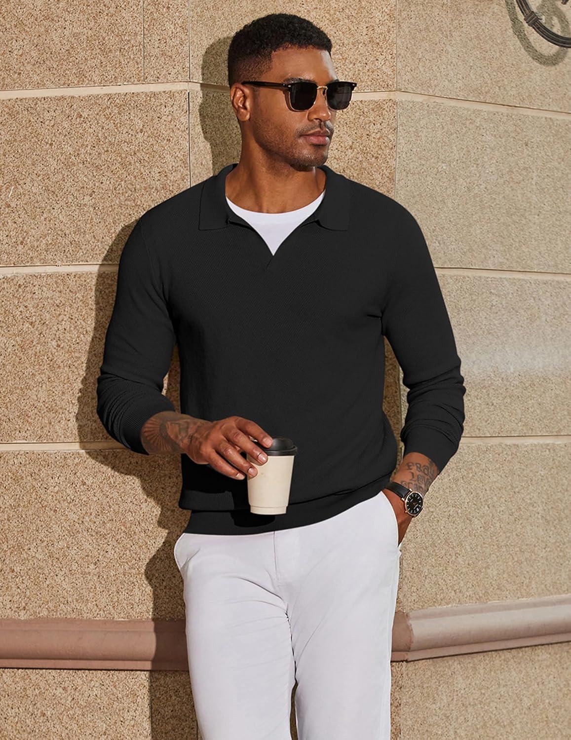 imageCOOFANDY Mens Knit Polo Sweater Long Sleeve VNeck Pullover Sweaters Casual Collared Ribbed Knitted PolosBlack