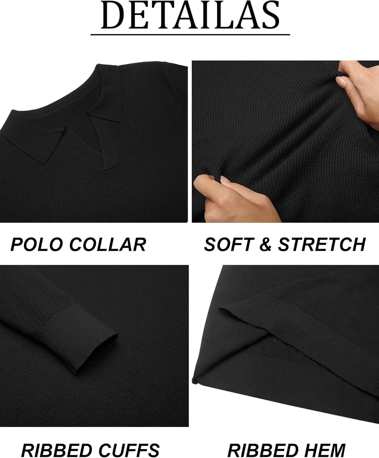 imageCOOFANDY Mens Knit Polo Sweater Long Sleeve VNeck Pullover Sweaters Casual Collared Ribbed Knitted PolosBlack