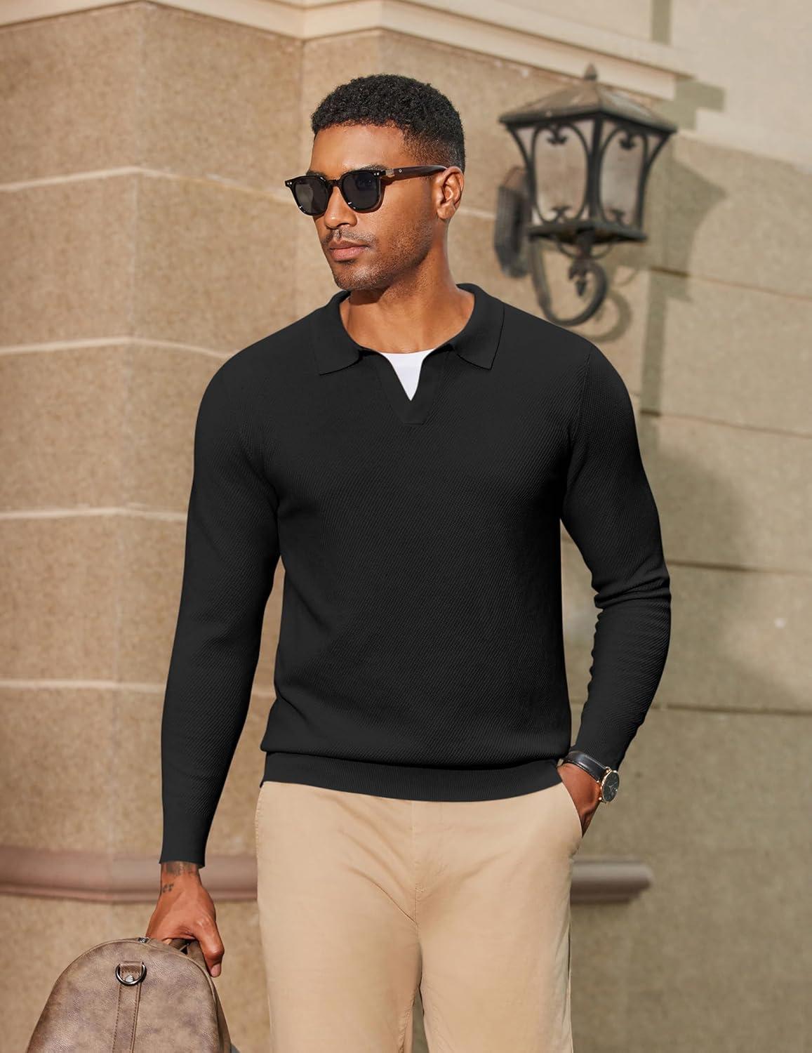 imageCOOFANDY Mens Knit Polo Sweater Long Sleeve VNeck Pullover Sweaters Casual Collared Ribbed Knitted PolosBlack