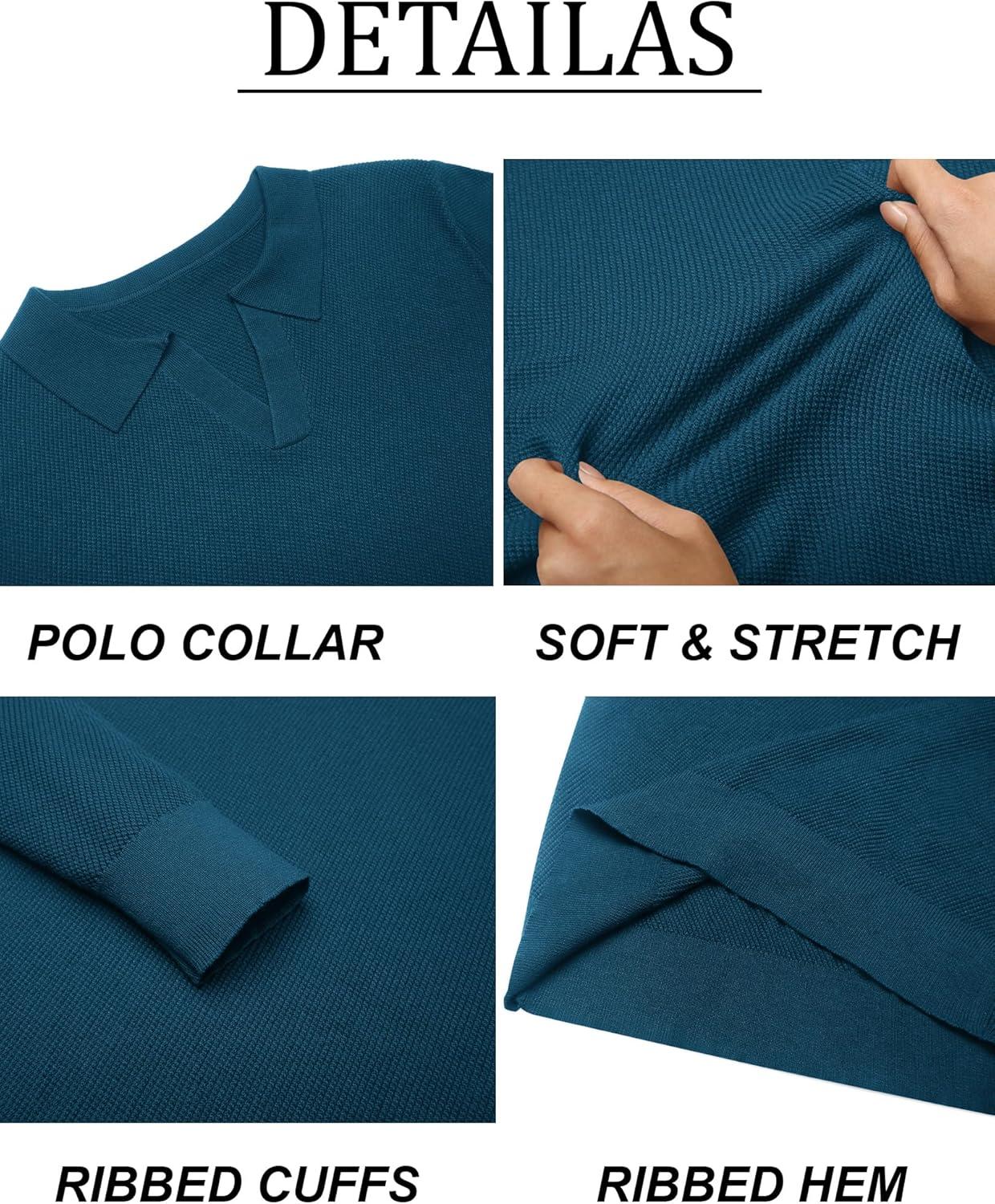 imageCOOFANDY Mens Knit Polo Sweater Long Sleeve VNeck Pullover Sweaters Casual Collared Ribbed Knitted PolosBlue