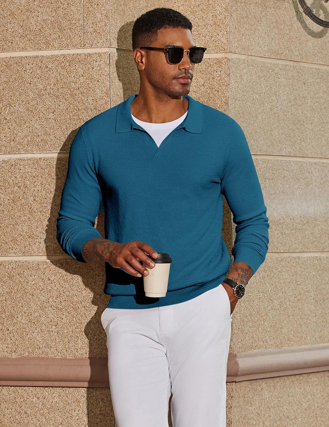imageCOOFANDY Mens Knit Polo Sweater Long Sleeve VNeck Pullover Sweaters Casual Collared Ribbed Knitted PolosBlue
