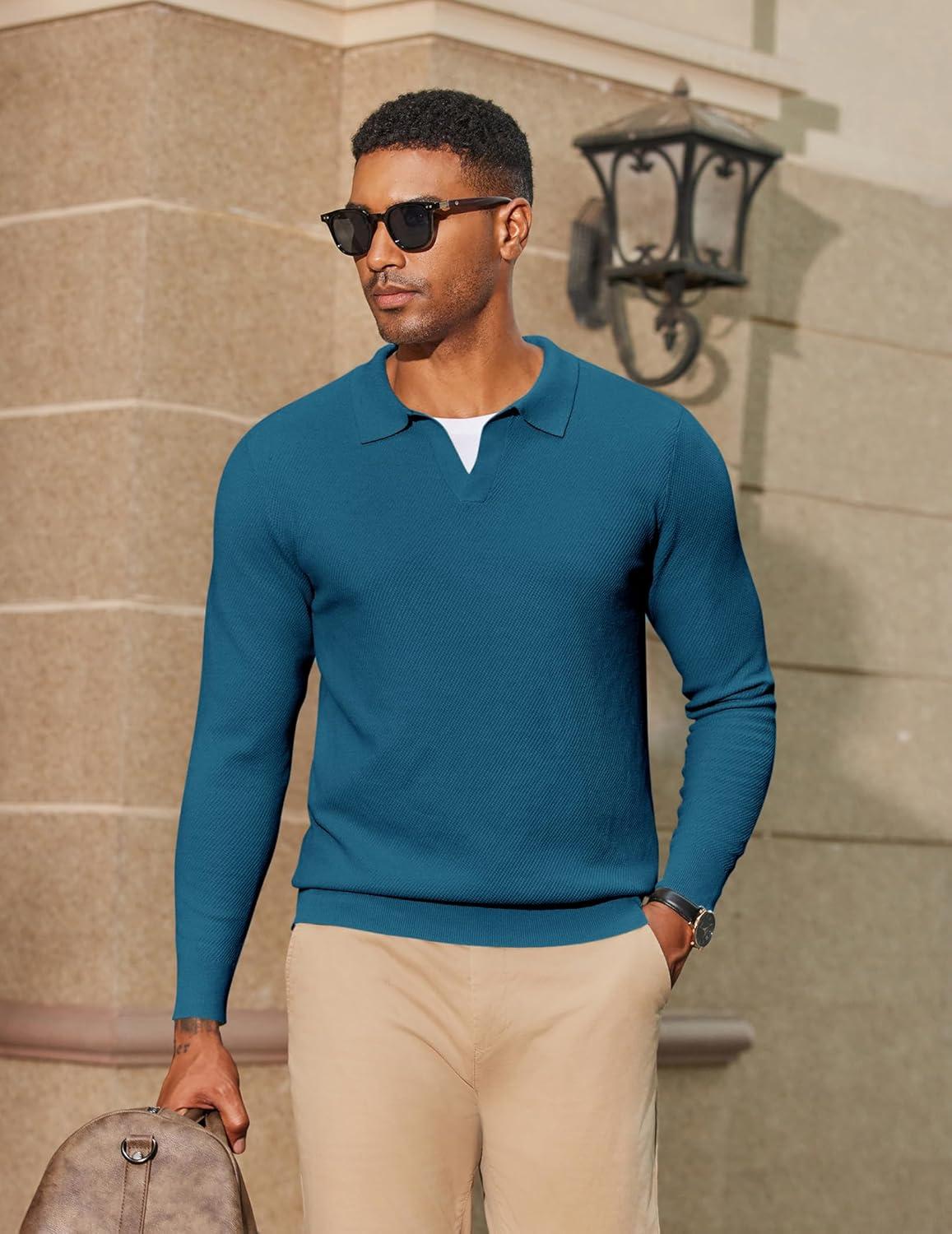imageCOOFANDY Mens Knit Polo Sweater Long Sleeve VNeck Pullover Sweaters Casual Collared Ribbed Knitted PolosBlue
