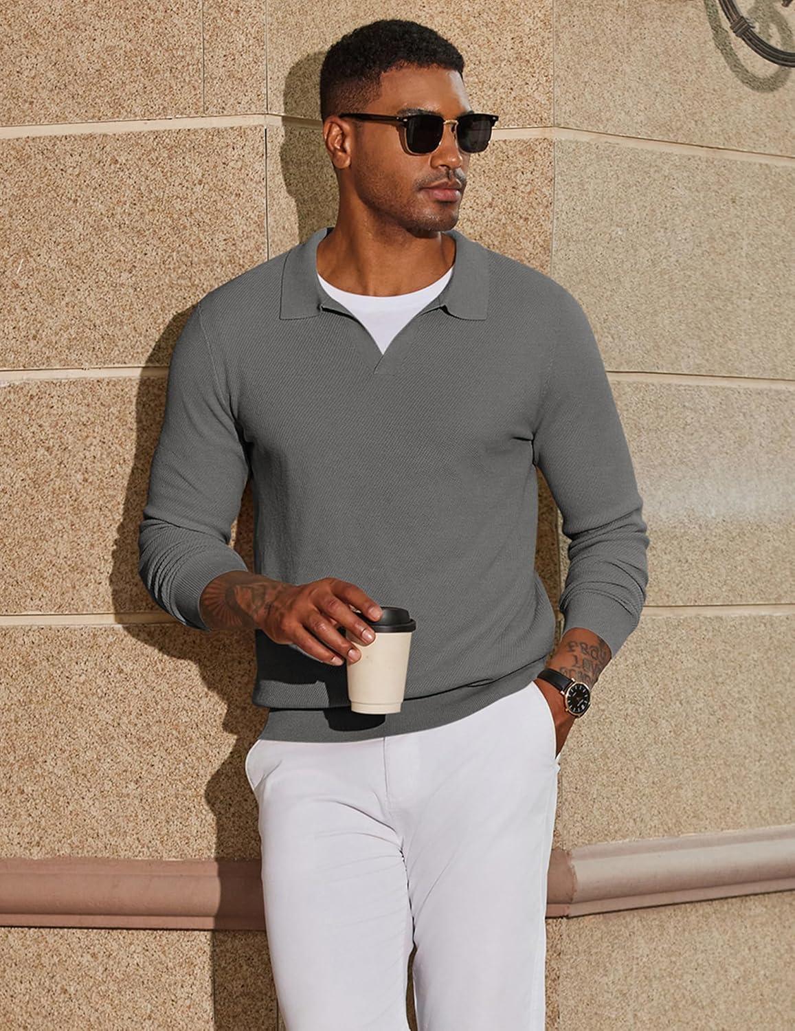imageCOOFANDY Mens Knit Polo Sweater Long Sleeve VNeck Pullover Sweaters Casual Collared Ribbed Knitted PolosDark Grey