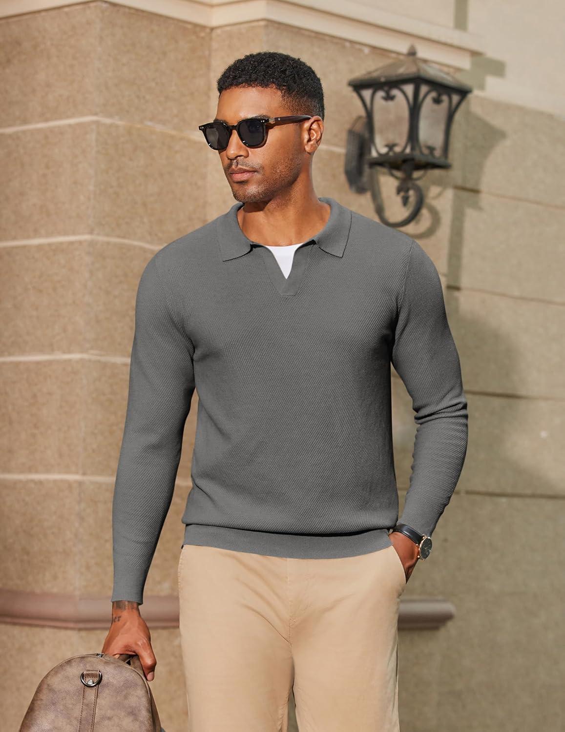 imageCOOFANDY Mens Knit Polo Sweater Long Sleeve VNeck Pullover Sweaters Casual Collared Ribbed Knitted PolosDark Grey