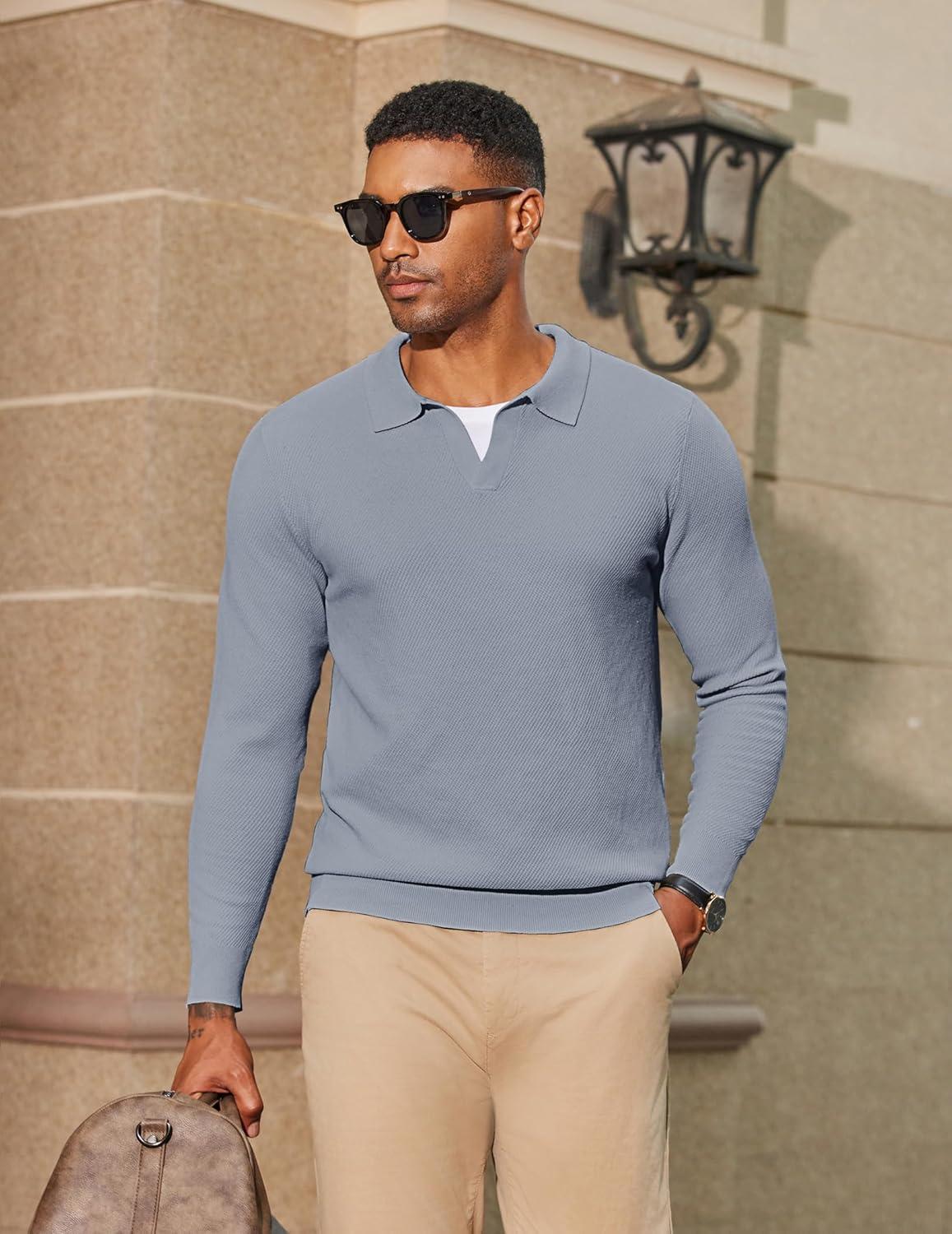 imageCOOFANDY Mens Knit Polo Sweater Long Sleeve VNeck Pullover Sweaters Casual Collared Ribbed Knitted PolosLight Grey