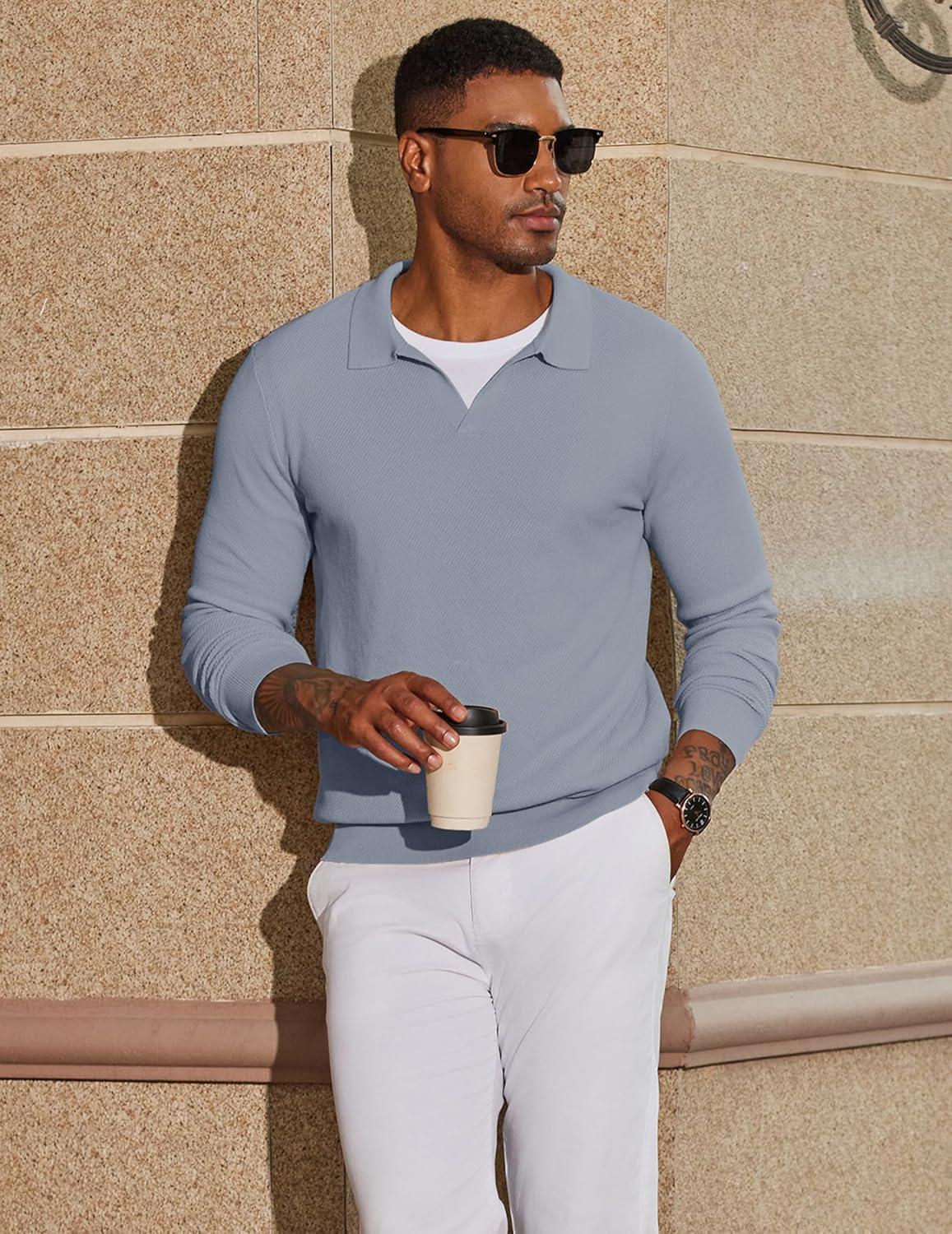 imageCOOFANDY Mens Knit Polo Sweater Long Sleeve VNeck Pullover Sweaters Casual Collared Ribbed Knitted PolosLight Grey