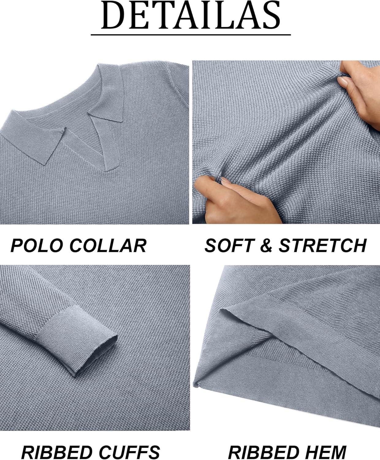 imageCOOFANDY Mens Knit Polo Sweater Long Sleeve VNeck Pullover Sweaters Casual Collared Ribbed Knitted PolosLight Grey