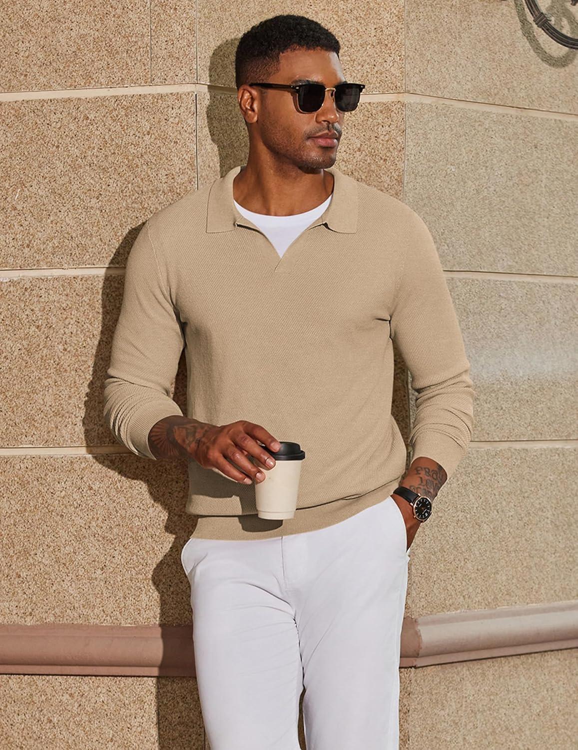 imageCOOFANDY Mens Knit Polo Sweater Long Sleeve VNeck Pullover Sweaters Casual Collared Ribbed Knitted PolosLight Khaki