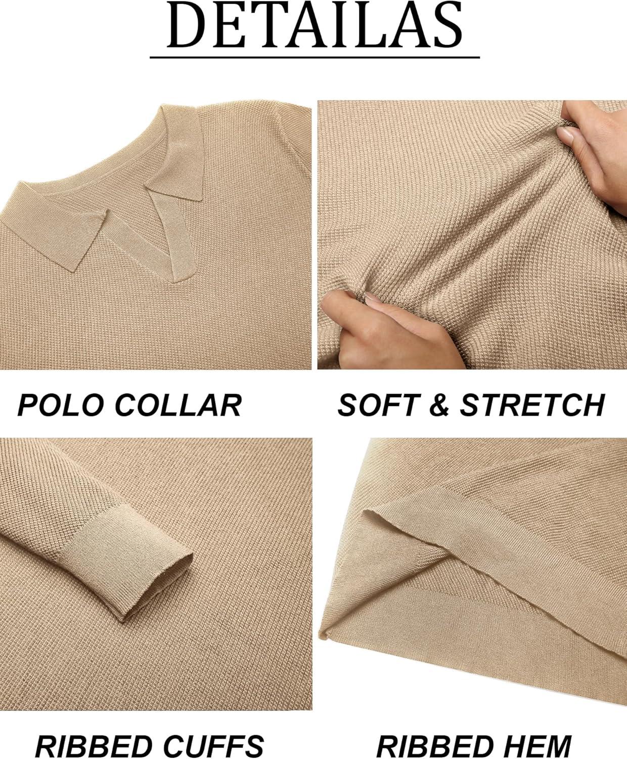imageCOOFANDY Mens Knit Polo Sweater Long Sleeve VNeck Pullover Sweaters Casual Collared Ribbed Knitted PolosLight Khaki