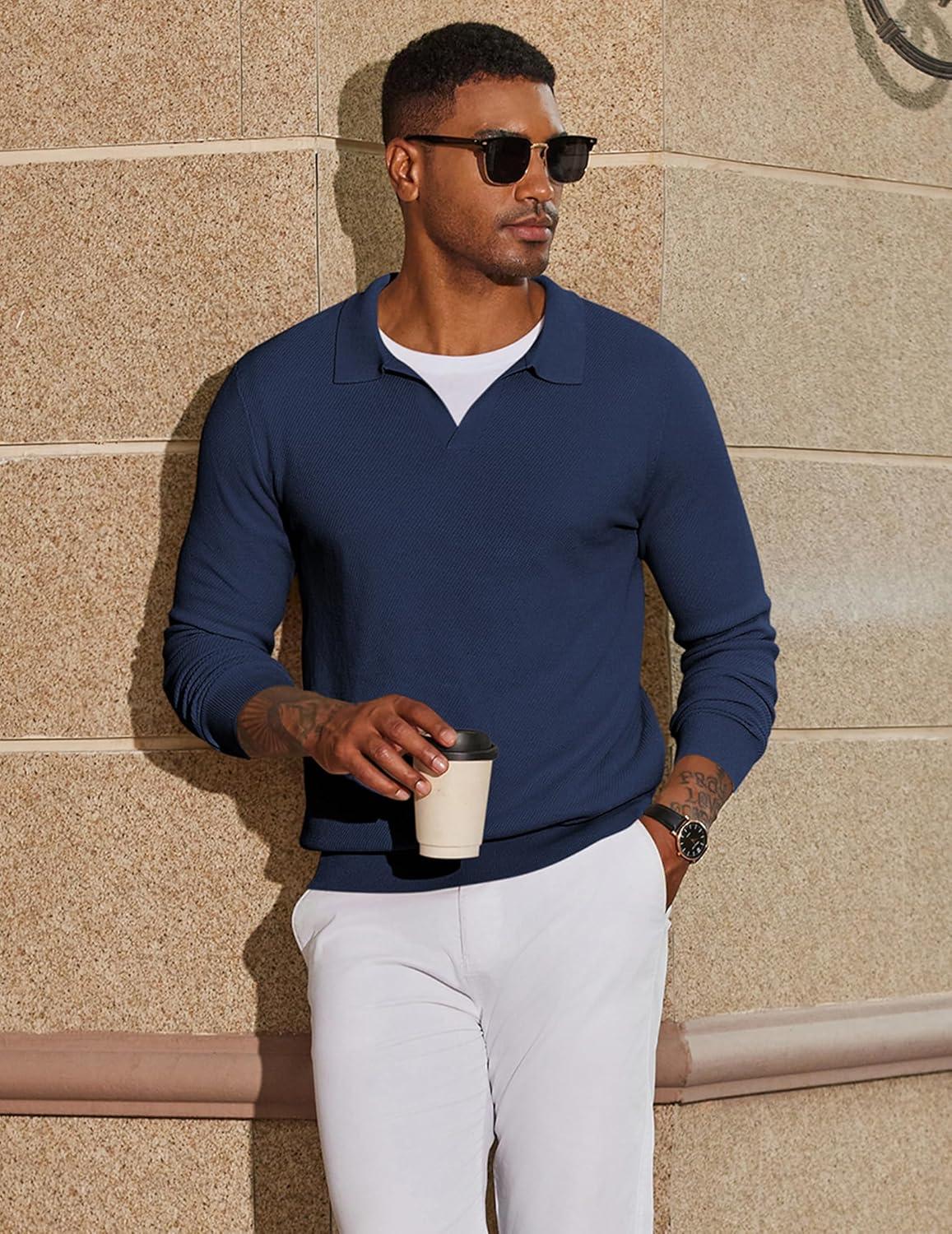 imageCOOFANDY Mens Knit Polo Sweater Long Sleeve VNeck Pullover Sweaters Casual Collared Ribbed Knitted PolosNavy Blue