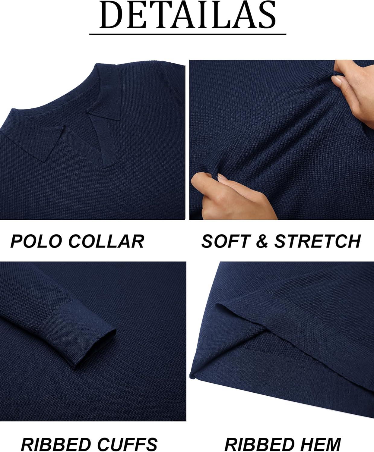 imageCOOFANDY Mens Knit Polo Sweater Long Sleeve VNeck Pullover Sweaters Casual Collared Ribbed Knitted PolosNavy Blue