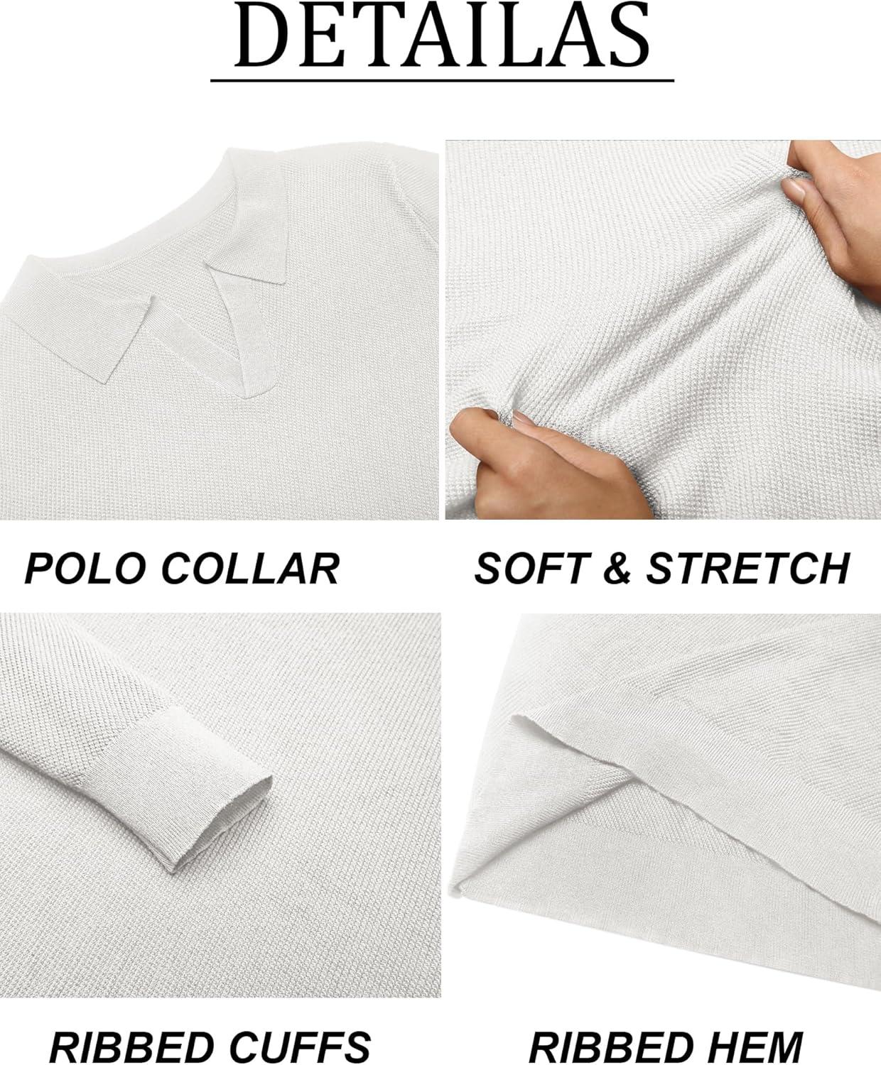 imageCOOFANDY Mens Knit Polo Sweater Long Sleeve VNeck Pullover Sweaters Casual Collared Ribbed Knitted PolosWhite