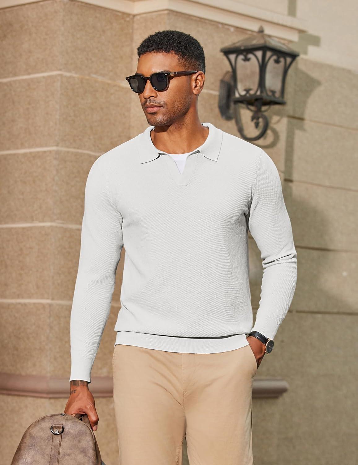 imageCOOFANDY Mens Knit Polo Sweater Long Sleeve VNeck Pullover Sweaters Casual Collared Ribbed Knitted PolosWhite