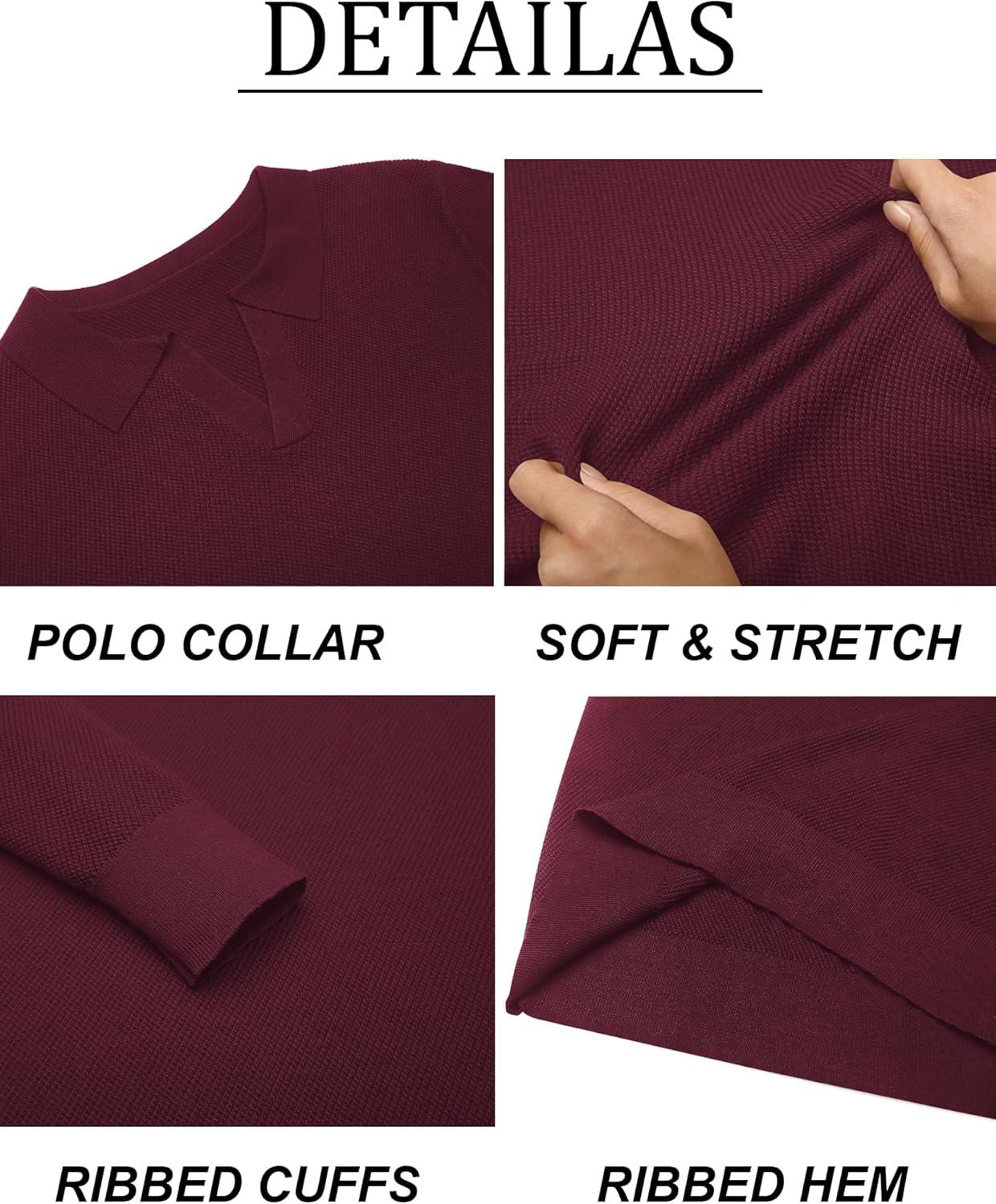 imageCOOFANDY Mens Knit Polo Sweater Long Sleeve VNeck Pullover Sweaters Casual Collared Ribbed Knitted PolosWine Red