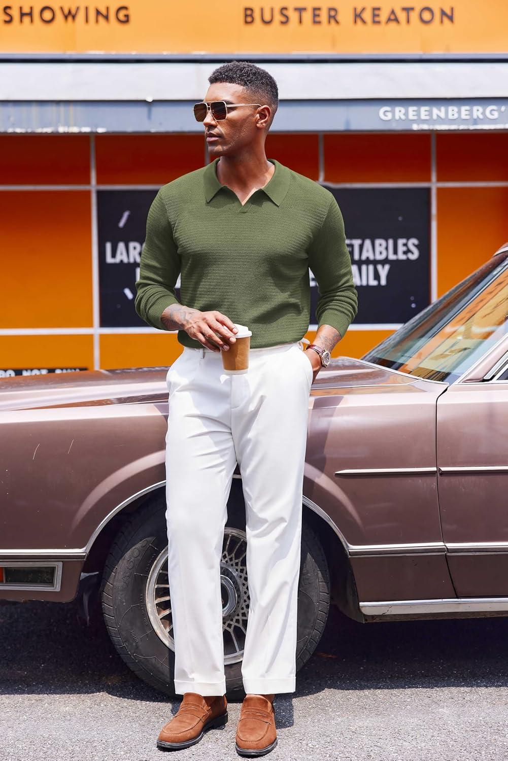 imageCOOFANDY Mens Knit Polo Sweater VNeck Long Sleeve Textured Lightweight Casual Dress Pullover Fall SweatersArmy Green