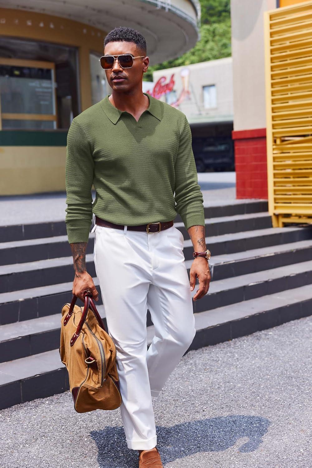 imageCOOFANDY Mens Knit Polo Sweater VNeck Long Sleeve Textured Lightweight Casual Dress Pullover Fall SweatersArmy Green