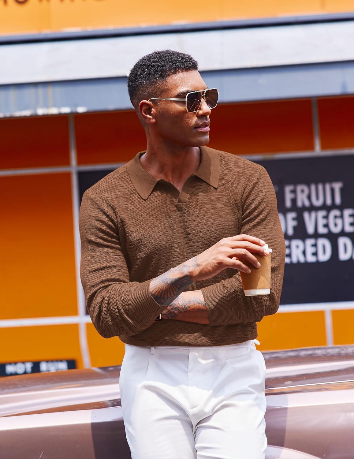 imageCOOFANDY Mens Knit Polo Sweater VNeck Long Sleeve Textured Lightweight Casual Dress Pullover Fall SweatersCoffee