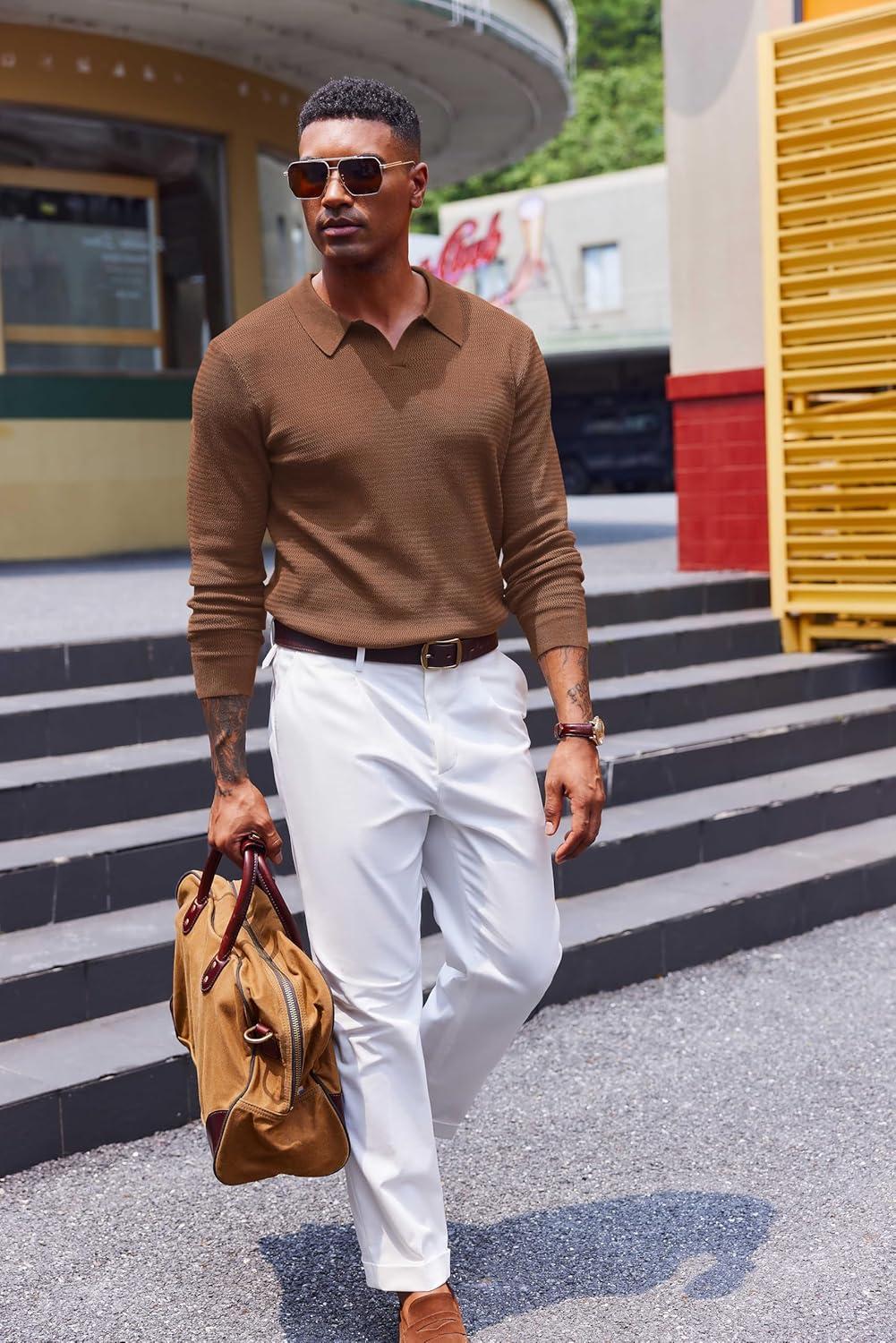 imageCOOFANDY Mens Knit Polo Sweater VNeck Long Sleeve Textured Lightweight Casual Dress Pullover Fall SweatersCoffee