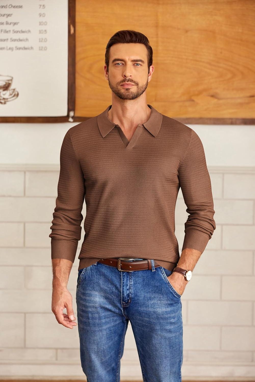 imageCOOFANDY Mens Knit Polo Sweater VNeck Long Sleeve Textured Lightweight Casual Dress Pullover Fall SweatersCoffee