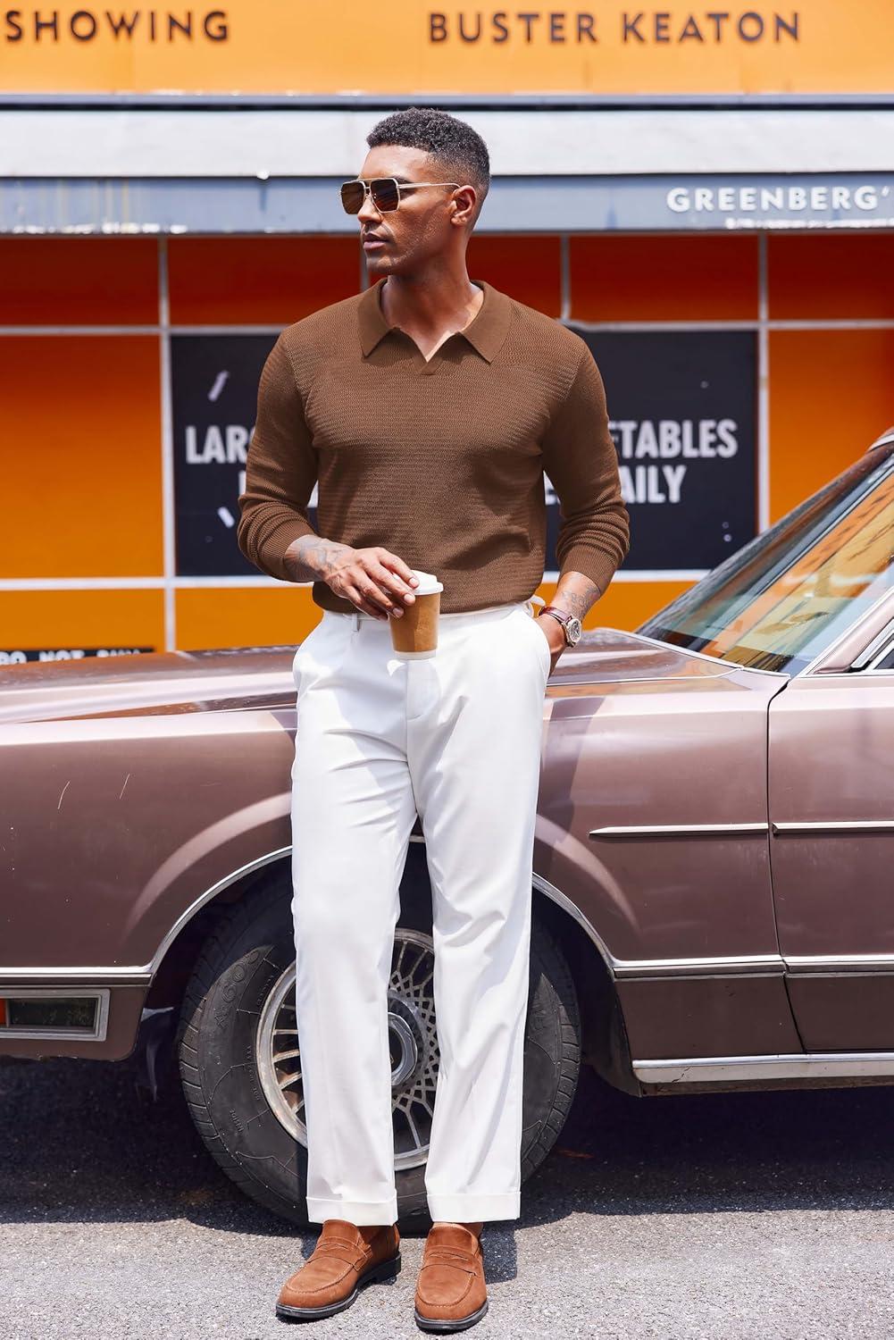 imageCOOFANDY Mens Knit Polo Sweater VNeck Long Sleeve Textured Lightweight Casual Dress Pullover Fall SweatersCoffee