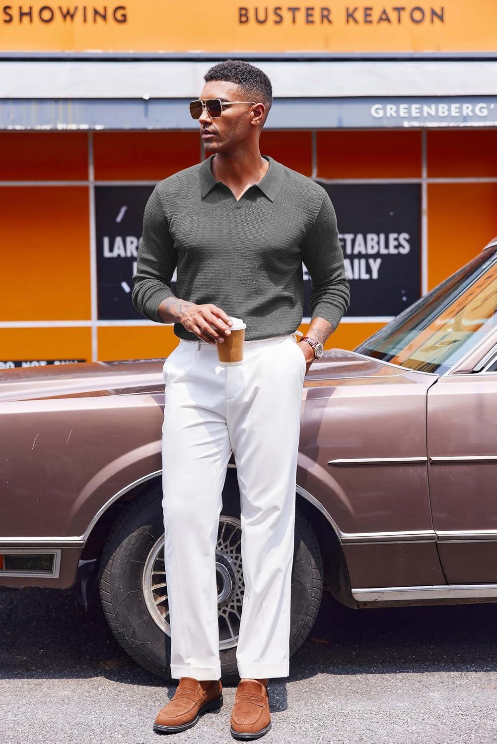 imageCOOFANDY Mens Knit Polo Sweater VNeck Long Sleeve Textured Lightweight Casual Dress Pullover Fall SweatersDark Grey