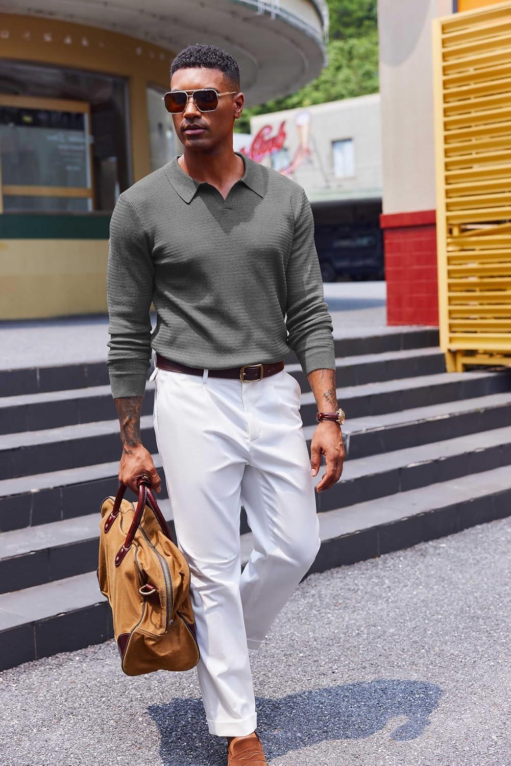 imageCOOFANDY Mens Knit Polo Sweater VNeck Long Sleeve Textured Lightweight Casual Dress Pullover Fall SweatersDark Grey