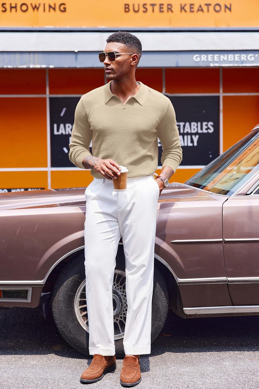 imageCOOFANDY Mens Knit Polo Sweater VNeck Long Sleeve Textured Lightweight Casual Dress Pullover Fall SweatersKhaki