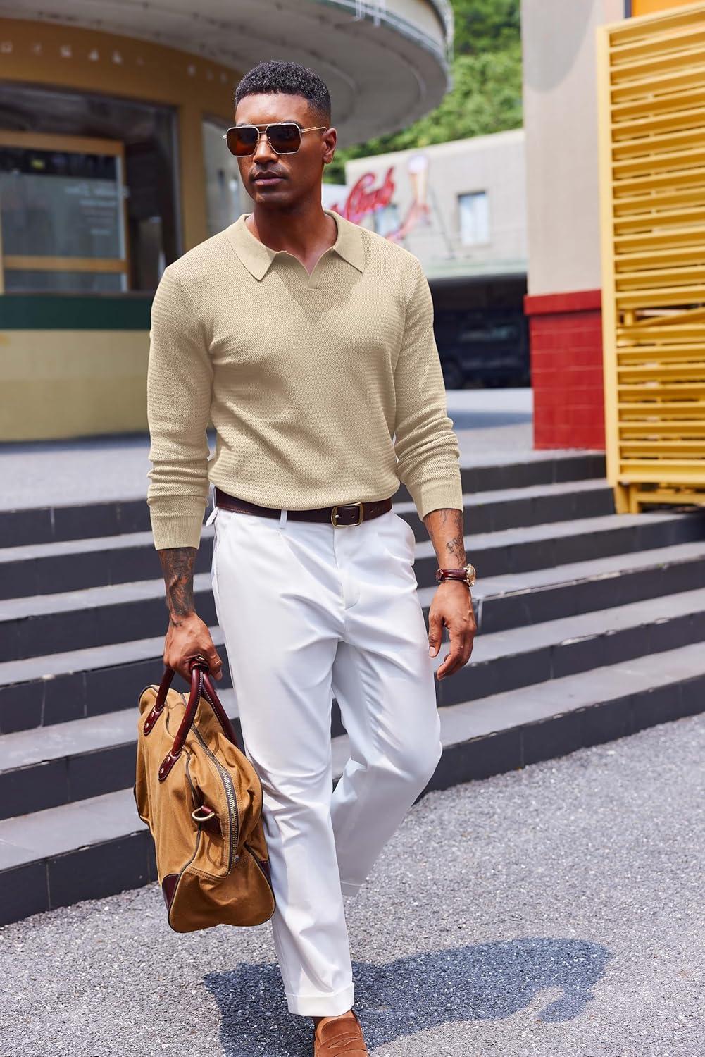 imageCOOFANDY Mens Knit Polo Sweater VNeck Long Sleeve Textured Lightweight Casual Dress Pullover Fall SweatersKhaki