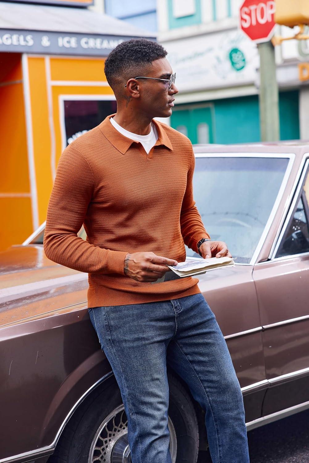 imageCOOFANDY Mens Knit Polo Sweater VNeck Long Sleeve Textured Lightweight Casual Dress Pullover Fall SweatersLight Brown