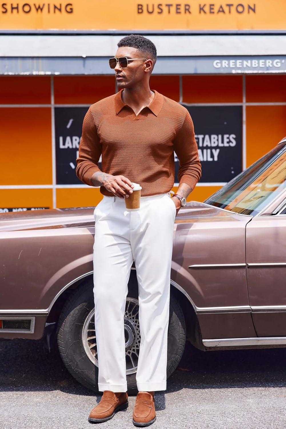 imageCOOFANDY Mens Knit Polo Sweater VNeck Long Sleeve Textured Lightweight Casual Dress Pullover Fall SweatersLight Brown