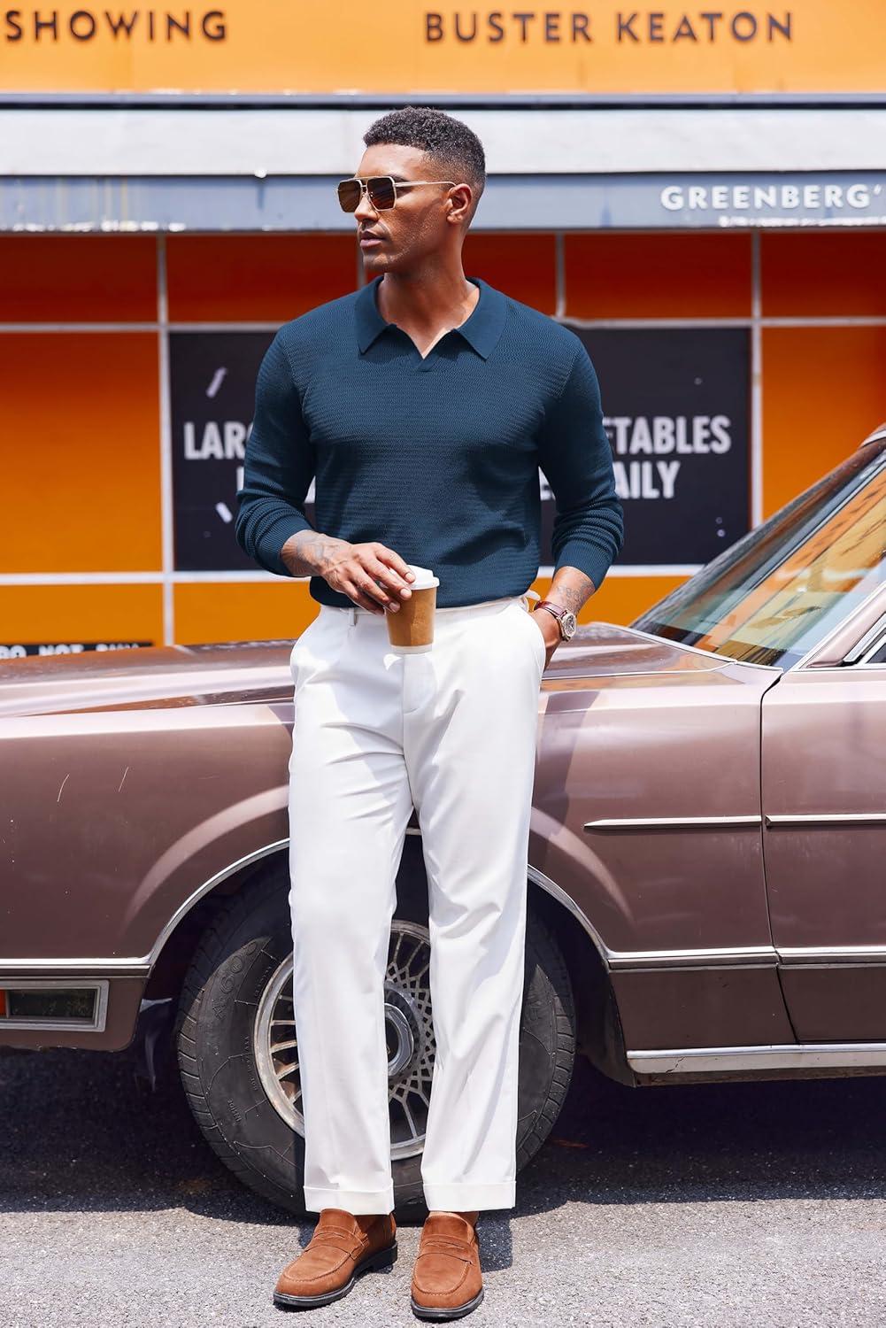 imageCOOFANDY Mens Knit Polo Sweater VNeck Long Sleeve Textured Lightweight Casual Dress Pullover Fall SweatersNavy Blue