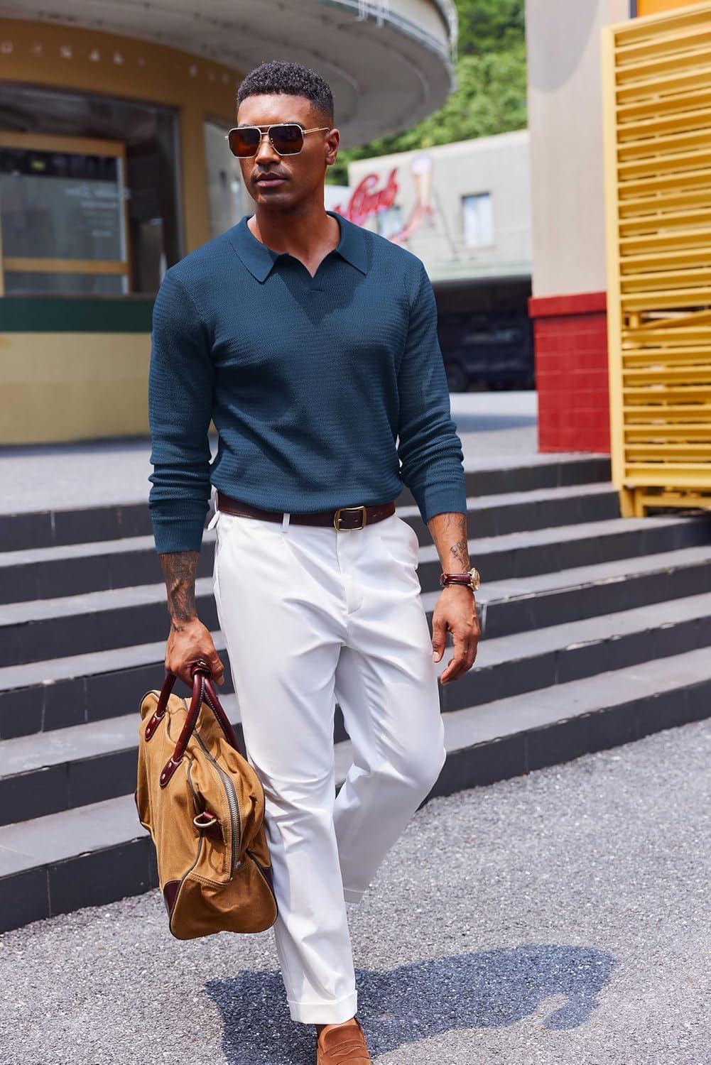 imageCOOFANDY Mens Knit Polo Sweater VNeck Long Sleeve Textured Lightweight Casual Dress Pullover Fall SweatersNavy Blue