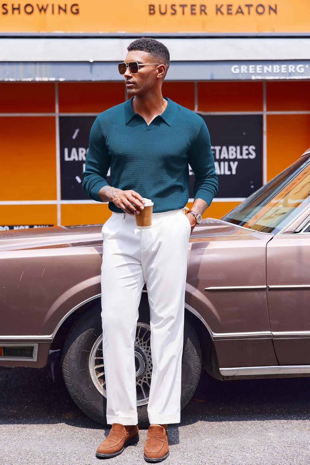 imageCOOFANDY Mens Knit Polo Sweater VNeck Long Sleeve Textured Lightweight Casual Dress Pullover Fall SweatersPeacock Blue