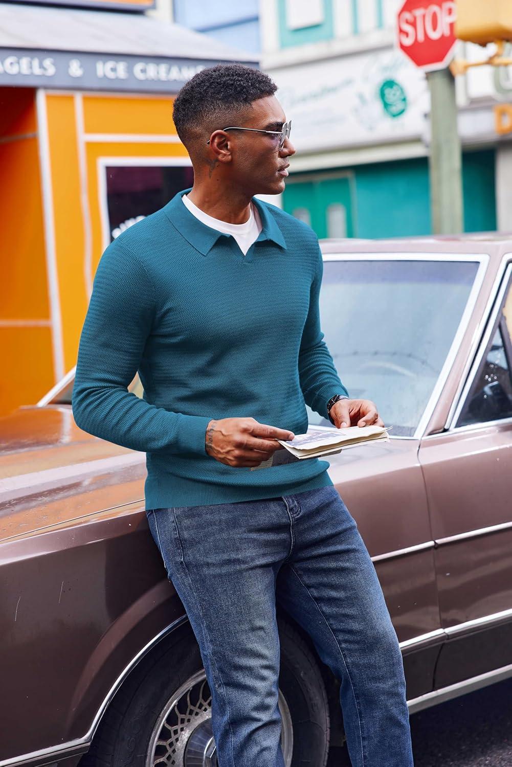 imageCOOFANDY Mens Knit Polo Sweater VNeck Long Sleeve Textured Lightweight Casual Dress Pullover Fall SweatersPeacock Blue