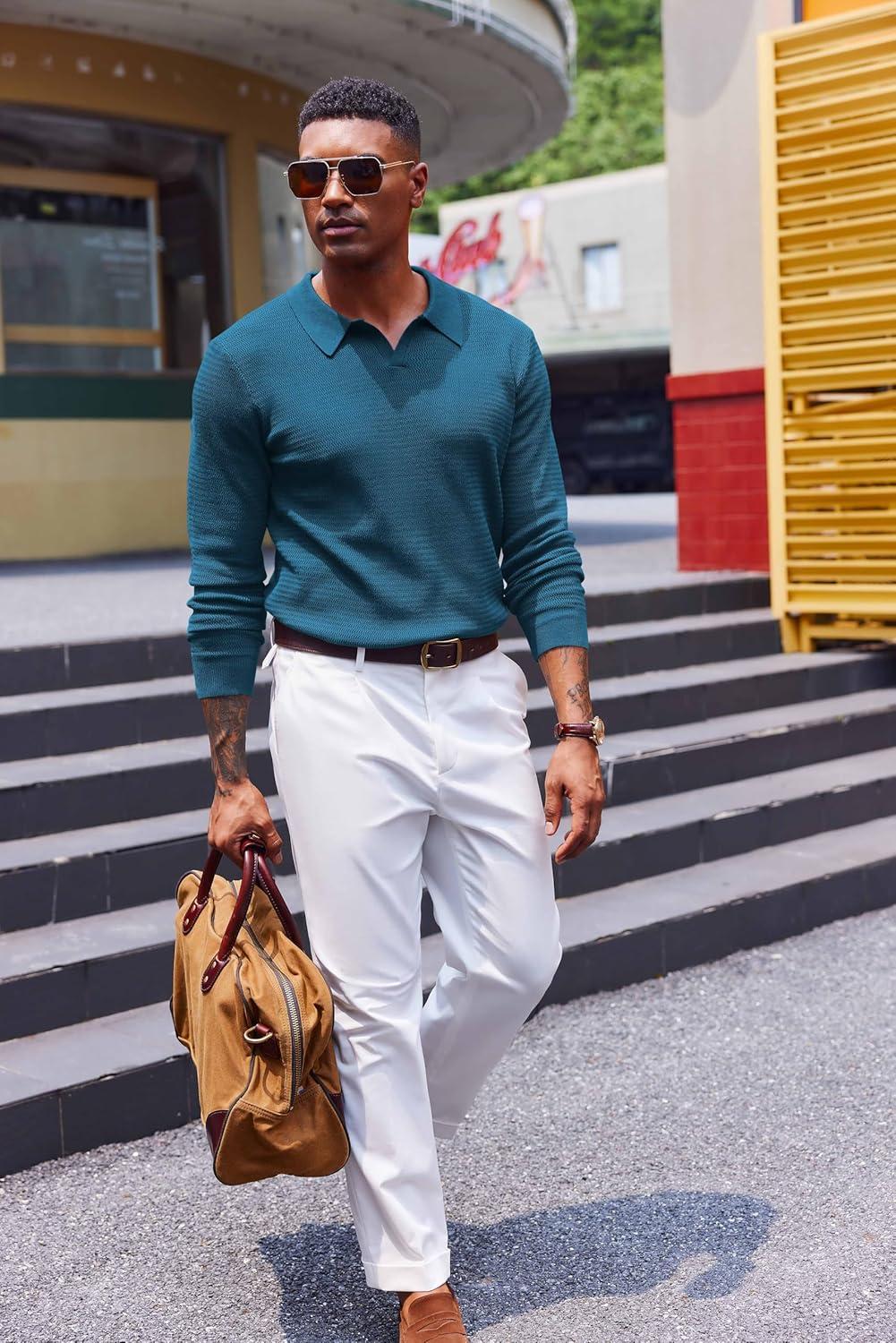 imageCOOFANDY Mens Knit Polo Sweater VNeck Long Sleeve Textured Lightweight Casual Dress Pullover Fall SweatersPeacock Blue