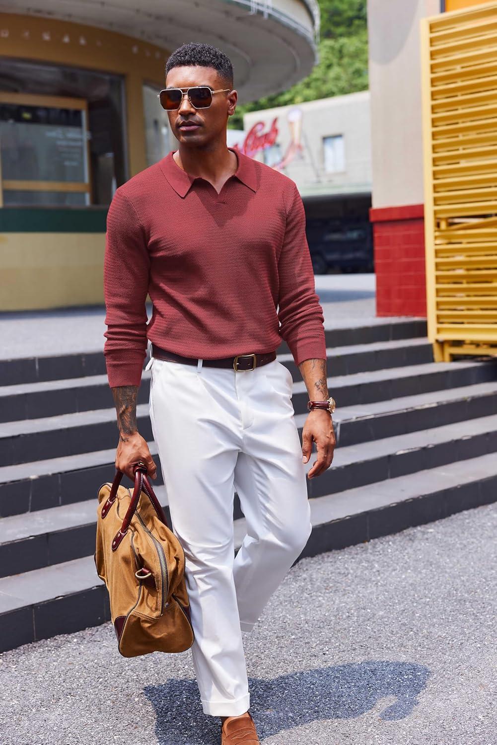 imageCOOFANDY Mens Knit Polo Sweater VNeck Long Sleeve Textured Lightweight Casual Dress Pullover Fall SweatersWine Red